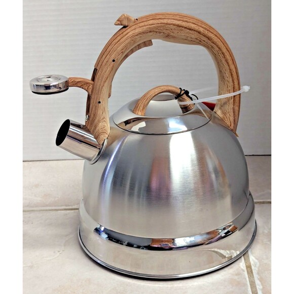 Lepicure Whistling Tea Kettle Silver Stainless Steel Wood Pattern Handle Gift - Picture 4 of 9